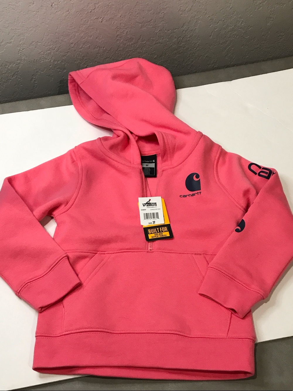 Carhartt Kids Pink Hooded Pullover Sweatshirt with Navy Logo